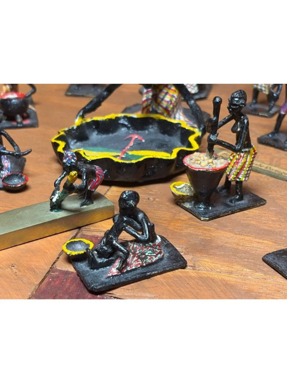 Vintage West African Ashanti Style Painted Bronze Brass Tribal Figures Set of 14